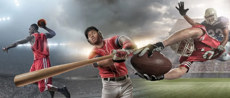 A composite image showing a baseball player swinging a bat on the left, and two football players tackling for a football in mid-air on the right, all in a dramatic stadium setting.
